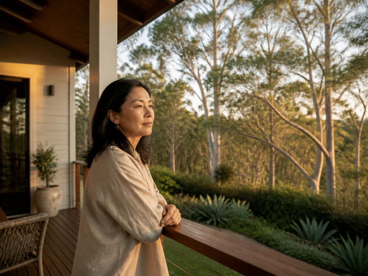 一位海外华人女性静立在澳洲住所的木质露台上，晨光洒过桉树，望向远方